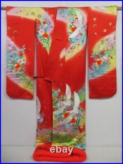 0427N08z3160 Japanese Kimono Silk UCHIKAKE Red Crane, Flowers