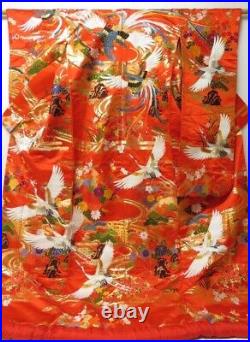 2214T03z4120 Japanese Kimono Silk UCHIKAKE Flying crane Tomato red