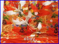 2214T03z4120 Japanese Kimono Silk UCHIKAKE Flying crane Tomato red