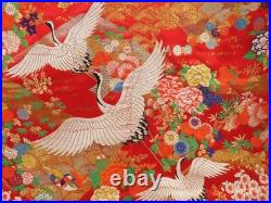 2916T08z3950 Japanese Kimono Silk UCHIKAKE Flying crane Red