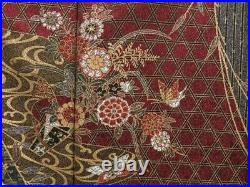 3203T01z1050 Japanese Kimono Silk TSUKESAGE Flowers Dark red