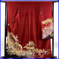 63inc Japanese Kimono SILK FURISODE Fan Flowers and birds Dark red