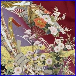 63inc Japanese Kimono SILK FURISODE Fan Flowers and birds Dark red