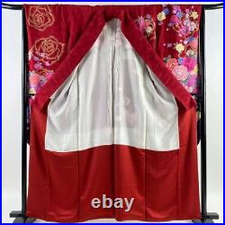 64.2inc Japanese Kimono SILK FURISODE Rose Wisteria Red