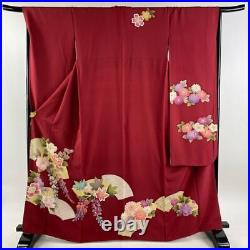 65.2inc Japanese Kimono SILK FURISODE Fan face Camellia Red