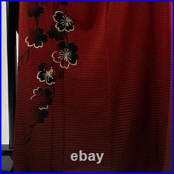 66.5inc Japanese Kimono SILK FURISODE Cherry blossoms Stripes Red