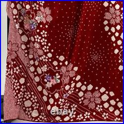 66.9inc Japanese Kimono SILK FURISODE Cherry blossoms Embroidery Red
