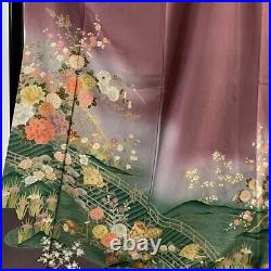 67.7inc Japanese Kimono SILK FURISODE Flowers Bridge Red-purple