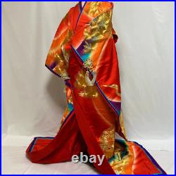 8327# Japanese kimono Vintage Uchikake Bridal Pure Silk Robe Embroidery Red
