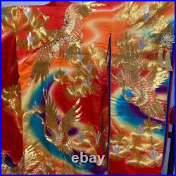 8327# Japanese kimono Vintage Uchikake Bridal Pure Silk Robe Embroidery Red
