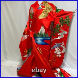 8332# Japanese kimono Vintage Uchikake Bridal Pure Silk Robe Embroidery Red