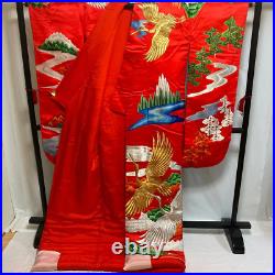 8332# Japanese kimono Vintage Uchikake Bridal Pure Silk Robe Embroidery Red