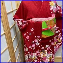 8456# Japanese Vintage Kimono Obi Obijime Obiage 4-Piece Set Pure Silk Robe Red