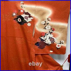9068# Japanese kimono Vintage Pure Silk Robe Traditional Flower Bird Red