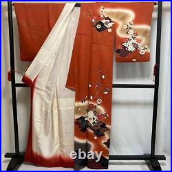 9068# Japanese kimono Vintage Pure Silk Robe Traditional Flower Bird Red