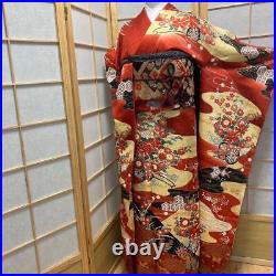 9146# Japanese Vintage Kimono Obi Obijime Obiage 4-Piece Set Pure Silk Robe Red