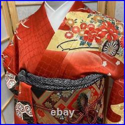 9146# Japanese Vintage Kimono Obi Obijime Obiage 4-Piece Set Pure Silk Robe Red