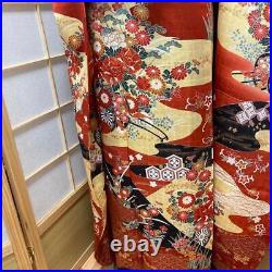 9146# Japanese Vintage Kimono Obi Obijime Obiage 4-Piece Set Pure Silk Robe Red