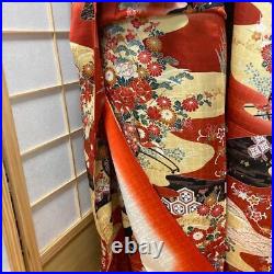 9146# Japanese Vintage Kimono Obi Obijime Obiage 4-Piece Set Pure Silk Robe Red