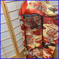 9146# Japanese Vintage Kimono Obi Obijime Obiage 4-Piece Set Pure Silk Robe Red