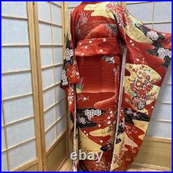 9146# Japanese Vintage Kimono Obi Obijime Obiage 4-Piece Set Pure Silk Robe Red