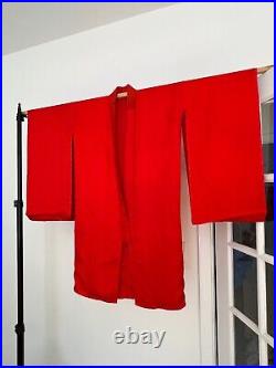 Antique 100% Silk Japanese Kimono Red Naga Juban Long Sleeves Mid Century 1950's