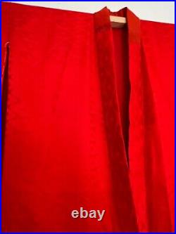Antique 100% Silk Japanese Kimono Red Naga Juban Long Sleeves Mid Century 1950's