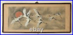 Antique Chinese Japanese Red Sun Storm 7 Cranes In Flight Bird Scroll Painting