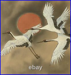 Antique Chinese Japanese Red Sun Storm 7 Cranes In Flight Bird Scroll Painting