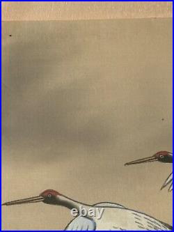 Antique Chinese Japanese Red Sun Storm 7 Cranes In Flight Bird Scroll Painting