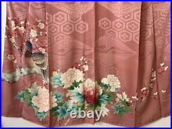 Antique Japanese Kimono Colored Tomesode Pigeon Plum Peony Red Silk Taisho Roman