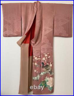 Antique Japanese Kimono Colored Tomesode Pigeon Plum Peony Red Silk Taisho Roman