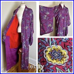 Beautiful VTG 40s 50s Purple Red Floral Japanese Printed Silk Kimono Furisode