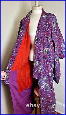 Beautiful VTG 40s 50s Purple Red Floral Japanese Printed Silk Kimono Furisode