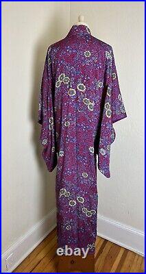 Beautiful VTG 40s 50s Purple Red Floral Japanese Printed Silk Kimono Furisode