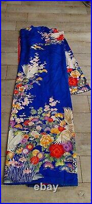 Beautiful Vintage Japanese Wedding Kimono Blue Red Crane Hand Stitch Flower Gold