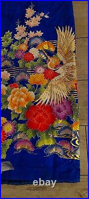 Beautiful Vintage Japanese Wedding Kimono Blue Red Crane Hand Stitch Flower Gold