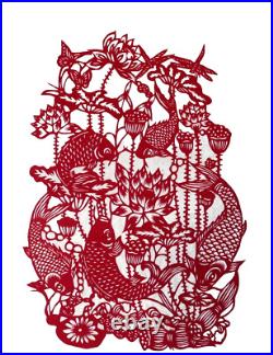 Beautiful Vintage Silk Damask Japanese Hanging Scroll Koi Five Fish Carp Red