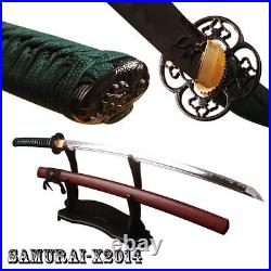 Carbon steel full tang Japanese katana sword wavy hamon green silk ito red saya