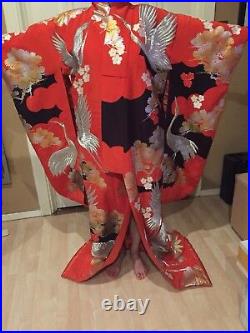 Elaborate Bold Red Ceremonial Cranes Silk Uchikaka Wedding Gown