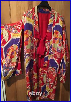 Exceptional Vintage Silk Kimono Robe Japan Lined Bow Tie Front Damask Purple Red