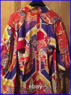 Exceptional Vintage Silk Kimono Robe Japan Lined Bow Tie Front Damask Purple Red