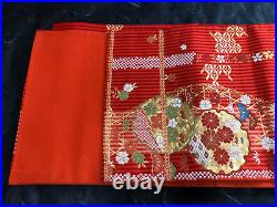 FUKURO Obi Silk Japanese Kimono Vintage Woven Woman Belt Red Flower Narrow