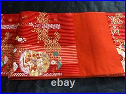 FUKURO Obi Silk Japanese Kimono Vintage Woven Woman Belt Red Flower Narrow
