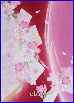 Furisode Kimono Japan, Item, Pure Silk, Pink, Red, Cherry Blossoms, Condition