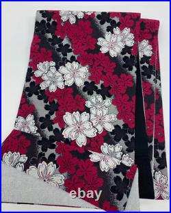 Furisode Kimono Pure Silk Fukuro Obi Sakura Cherry Red Black White Gray Contrast