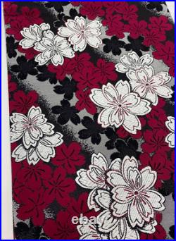 Furisode Kimono Pure Silk Fukuro Obi Sakura Cherry Red Black White Gray Contrast