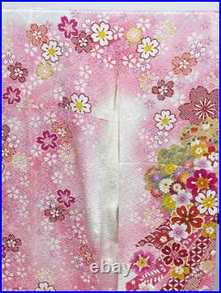 Furisode Kimono Pure Silk Gold Pink White Red Yellow Flowers Adorable Cute Japan