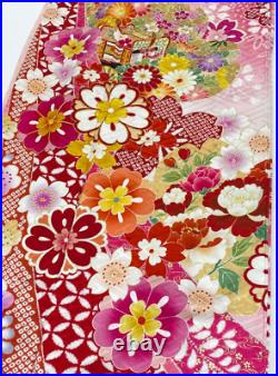 Furisode Kimono Pure Silk Gold Pink White Red Yellow Flowers Adorable Cute Japan