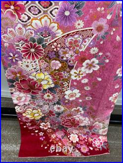 Furisode Kimono Pure Silk Pink Silver Red White Yellow Thread Various Flowers